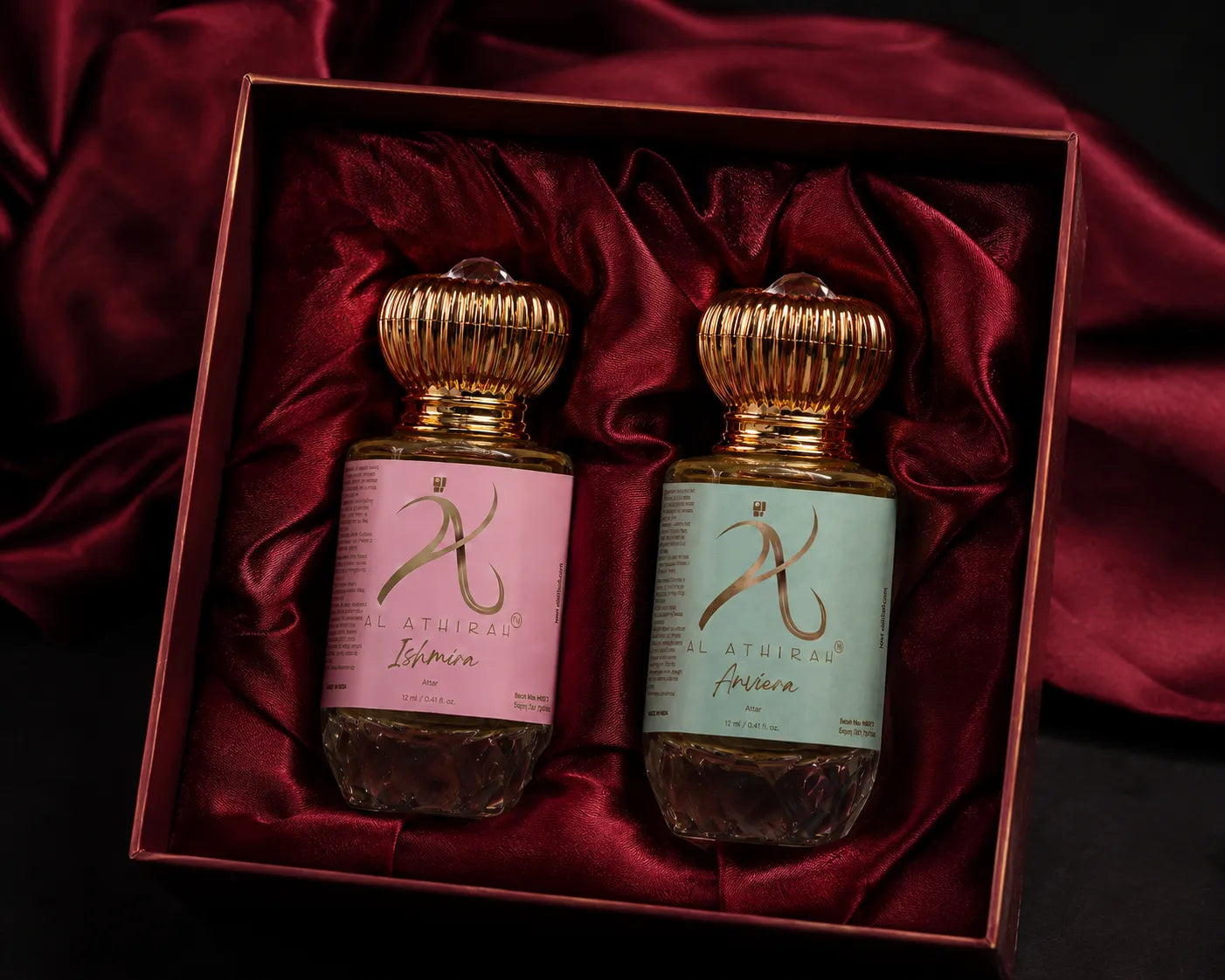 All-Day’ Modern Attar Combo featuring three elegant glass bottles of fragrant perfumes with modern, sleek design.