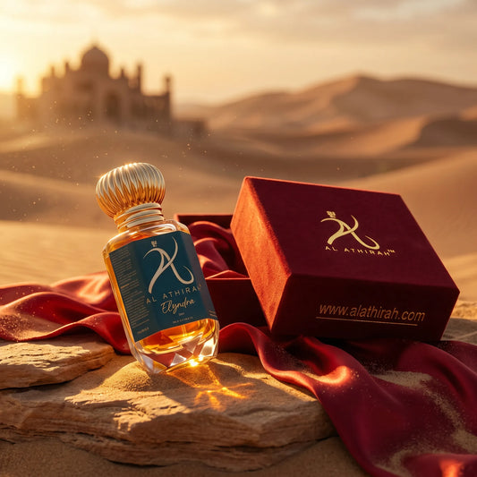 Elyndra modern attar for men and women in a 12ml non-alcoholic glass bottle, elegant packaging with floral and aromatic design.