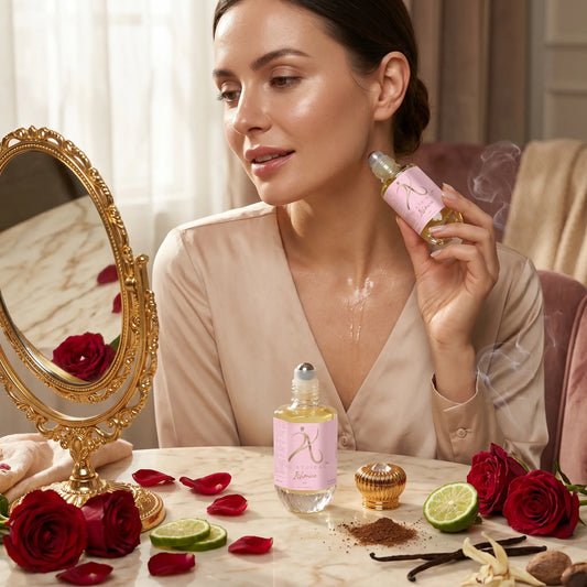 Elegant image of a woman holding a 12ml bottle of Ishmira Modern Attar for men and women, showcasing luxury fragrance packaging.