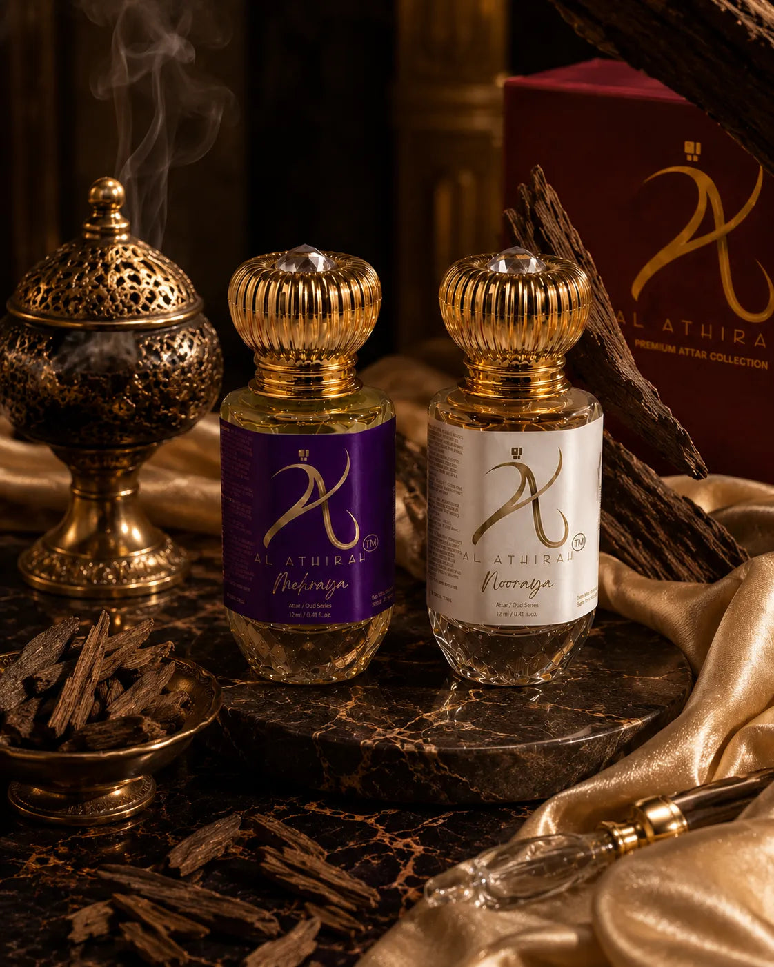 Unisex Oud Combo fragrance set with two elegant perfume bottles featuring rich, warm oud scent for both men and women.