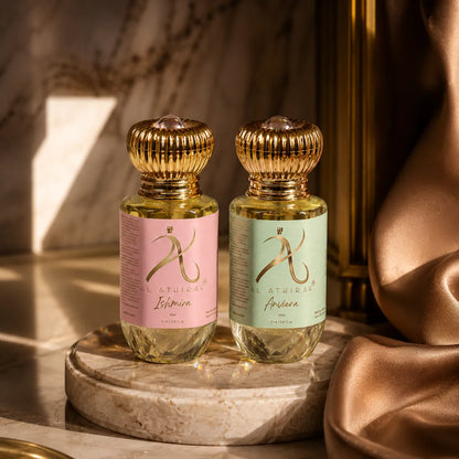 All-Day’ Modern Attar Combo by My Store featuring four elegant glass bottles with floral and woody fragrance oils.