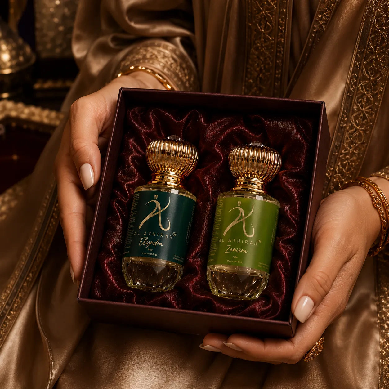 Date-Night Modern Attar Combo by My Store featuring two elegant glass bottles of aromatic traditional perfume sprays.