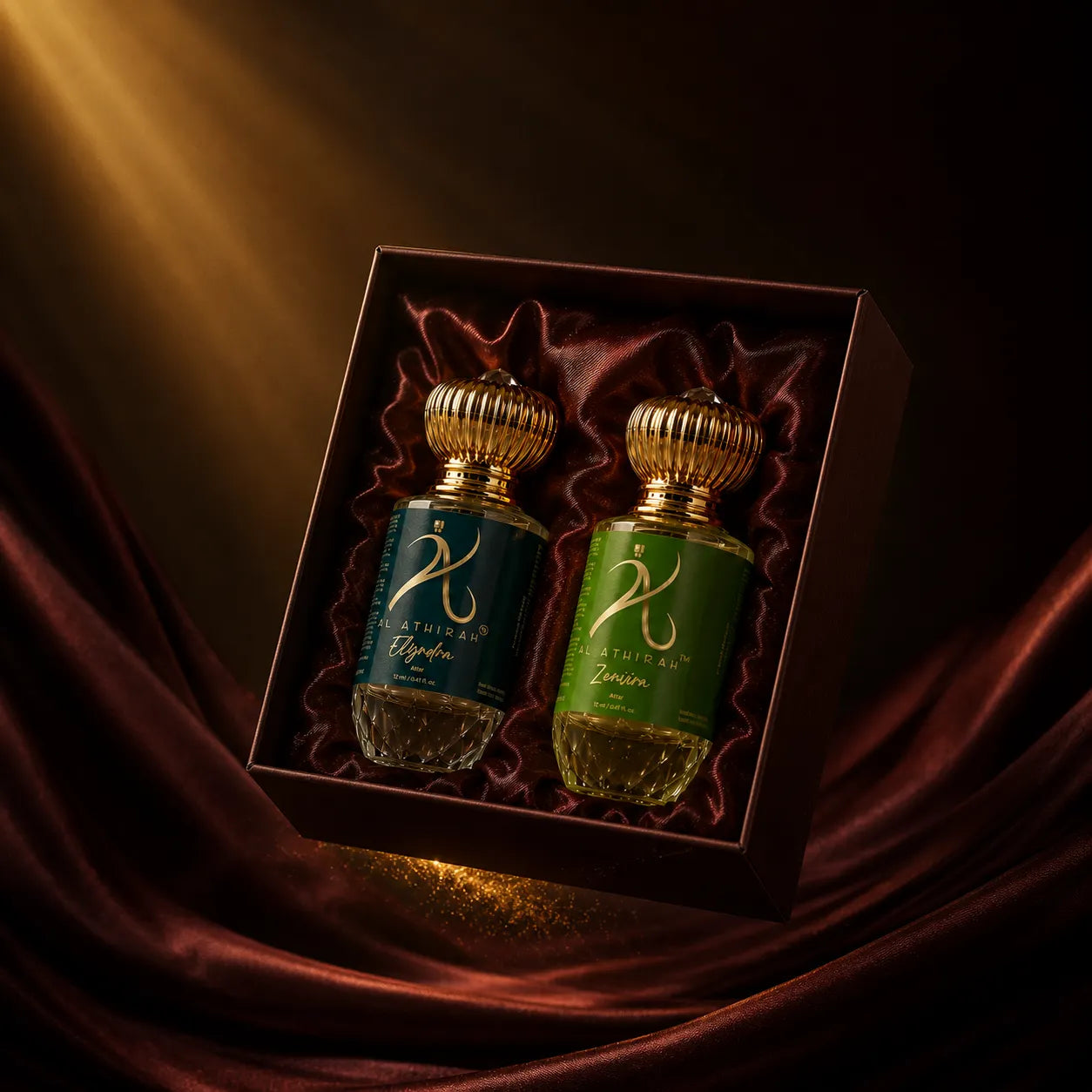 Modern Date-Night Attar Combo by My Store, featuring six elegant glass bottles with floral and woody fragrance designs.