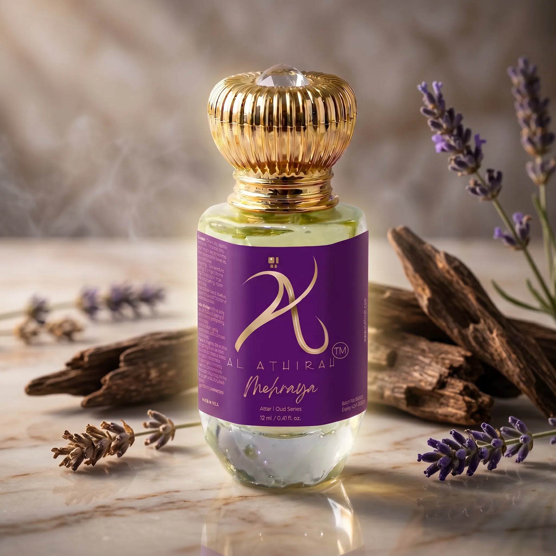 Mehraya Modern Oud Attar for men and women in 12ml bottle, non-alcoholic, featuring elegant packaging and a luxurious scent.