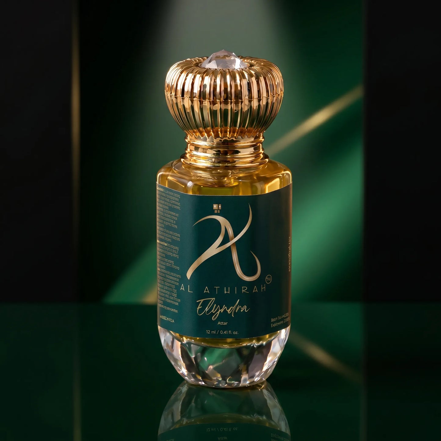 Elyndra modern attar bottle for men and women, 12ml, non-alcoholic fragrance in a sleek glass container.