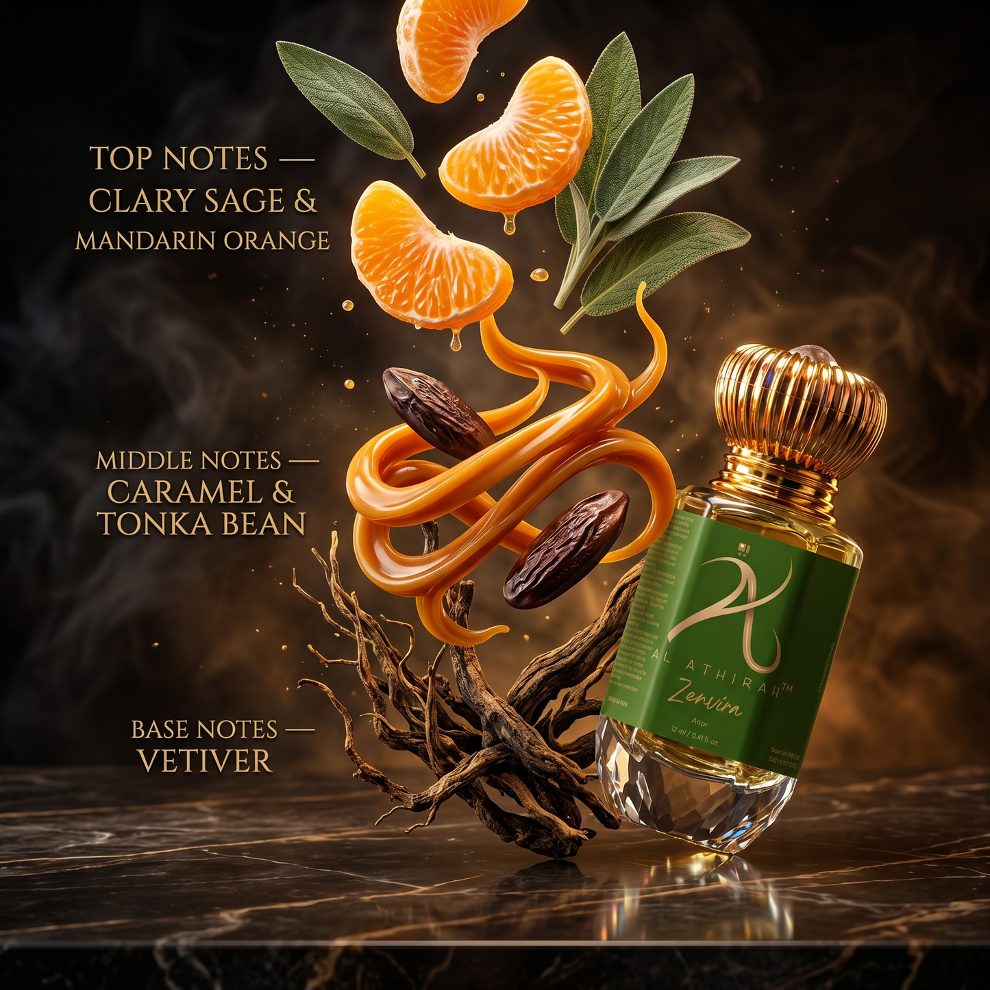 Magnificent hyper-realistic cinematic fragrance note composition for Zenviera Modern Attar for Men, 12ml, non-alcoholic.