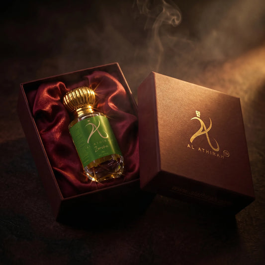 Zenviera Modern Attar for Men by My Store, 12ml non-alcoholic fragrance bottle with a moody cinematic luxury ad background.