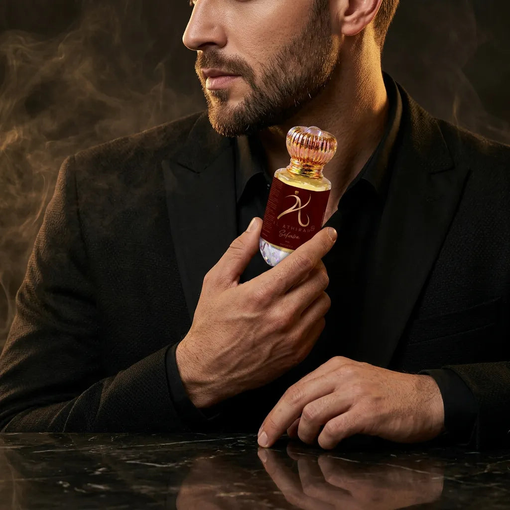 Elegant image of Suhaira Modern Attar for Men in a 12ml bottle, showcasing a luxurious and sophisticated fragrance by My Store.