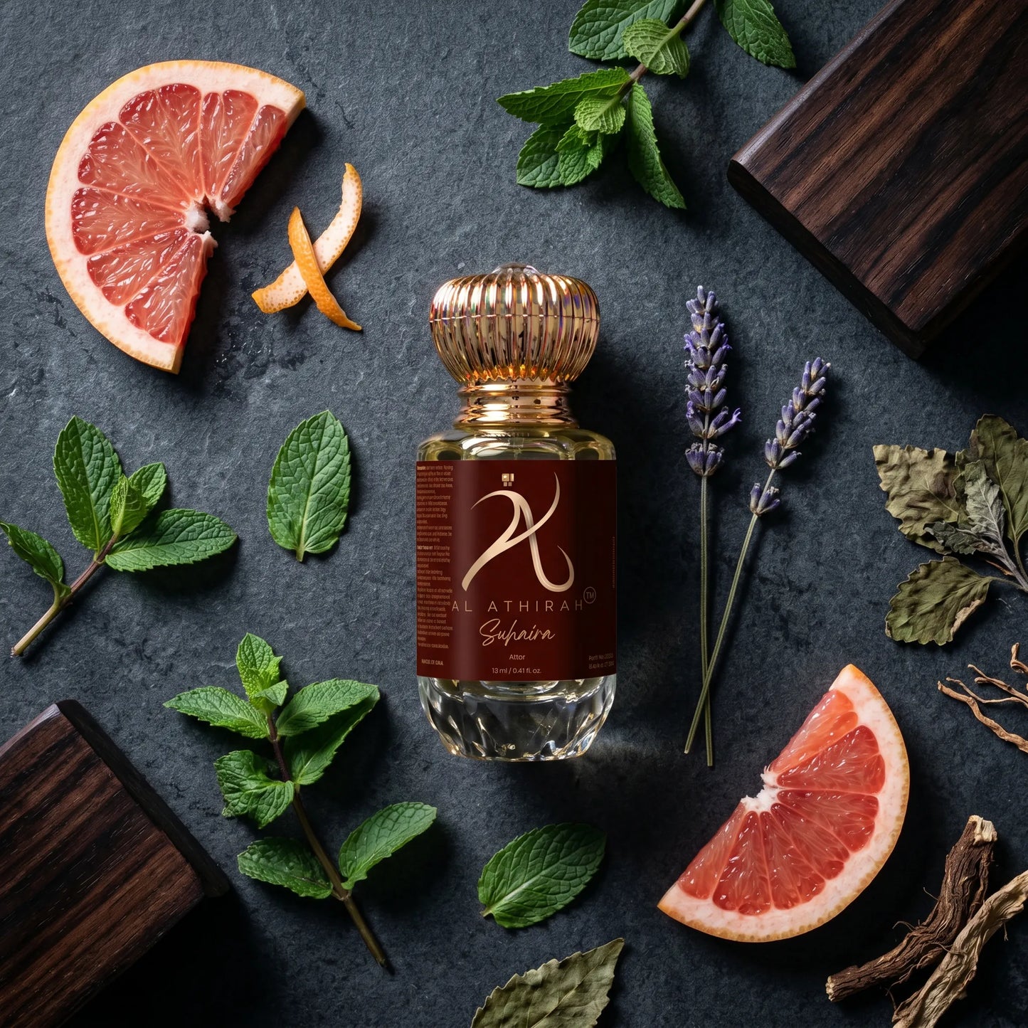 Modern Suhaira Attar for Men in 12ml, non-alcoholic, featuring a luxurious, top-down flat lay of the elegant perfume bottle.
