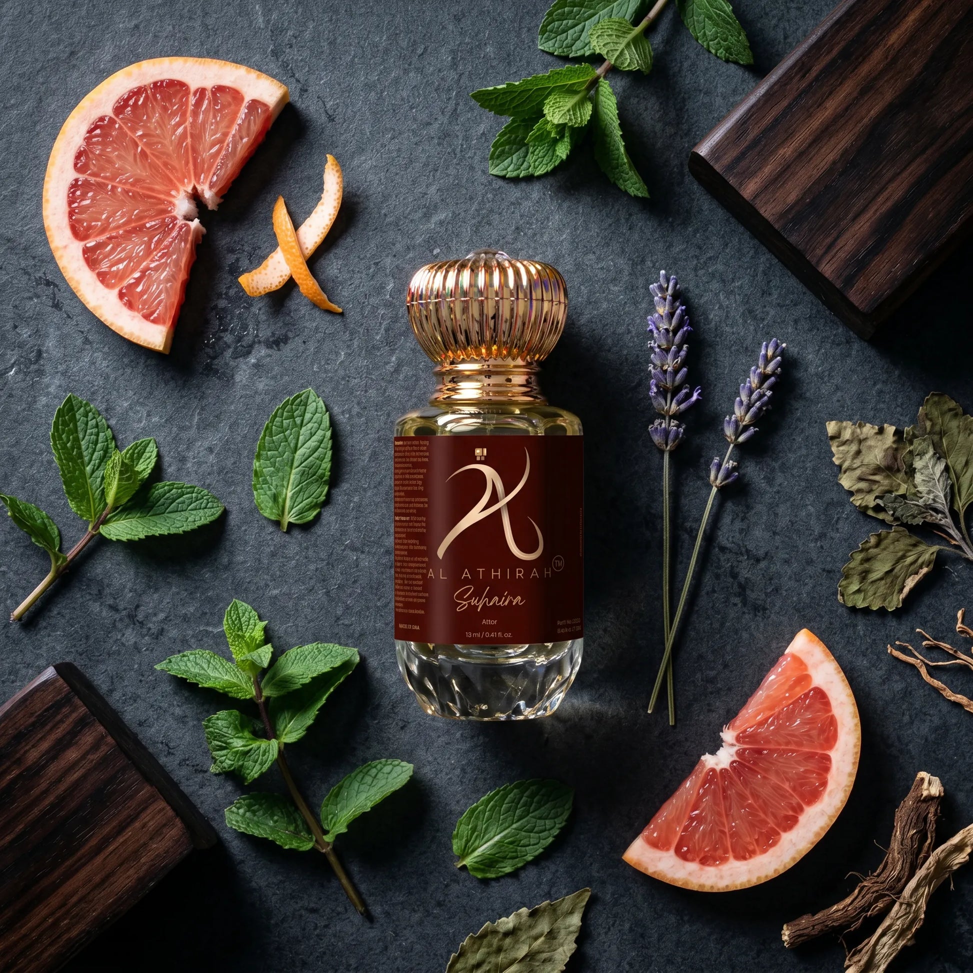 Modern Suhaira Attar for Men in 12ml, non-alcoholic, featuring a luxurious, top-down flat lay of the elegant perfume bottle.