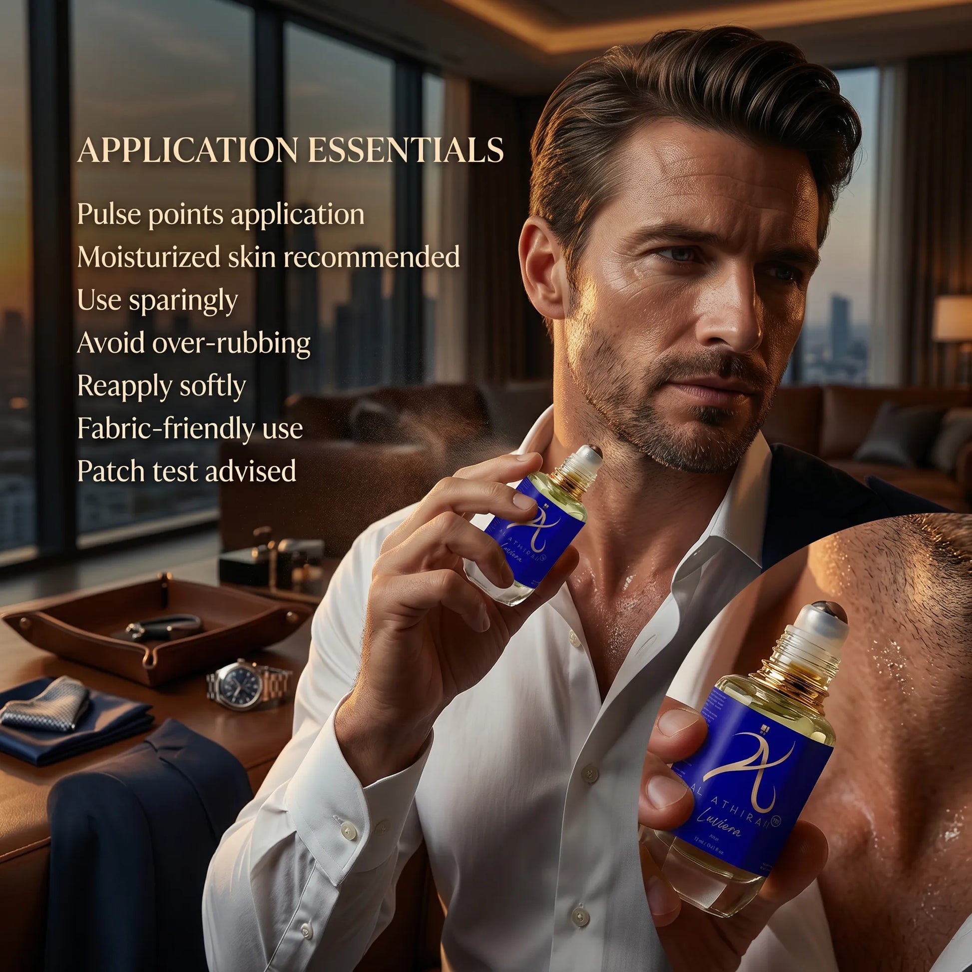 Luviera Modern Attar for Men in a 12ml bottle, featuring a luxurious, realistic fragrance design with elegant packaging.