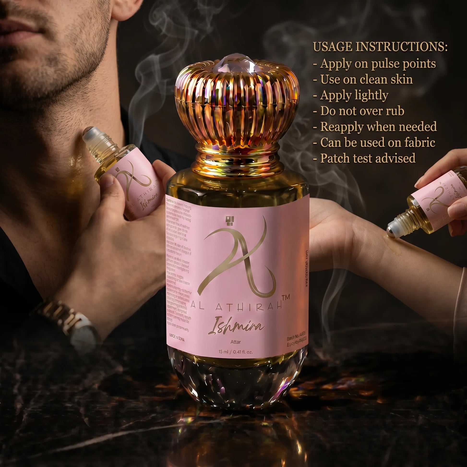 Dark luxury fragrance bottle of Ishmira Modern Attar for Men & Women, 12ml, non-alcoholic, with an elegant design.