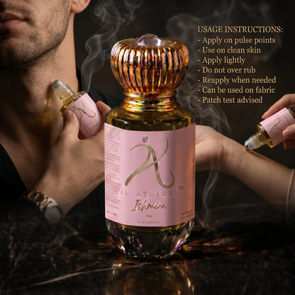 Dark luxury fragrance bottle of Ishmira Modern Attar for Men & Women, 12ml, non-alcoholic, with an elegant design.