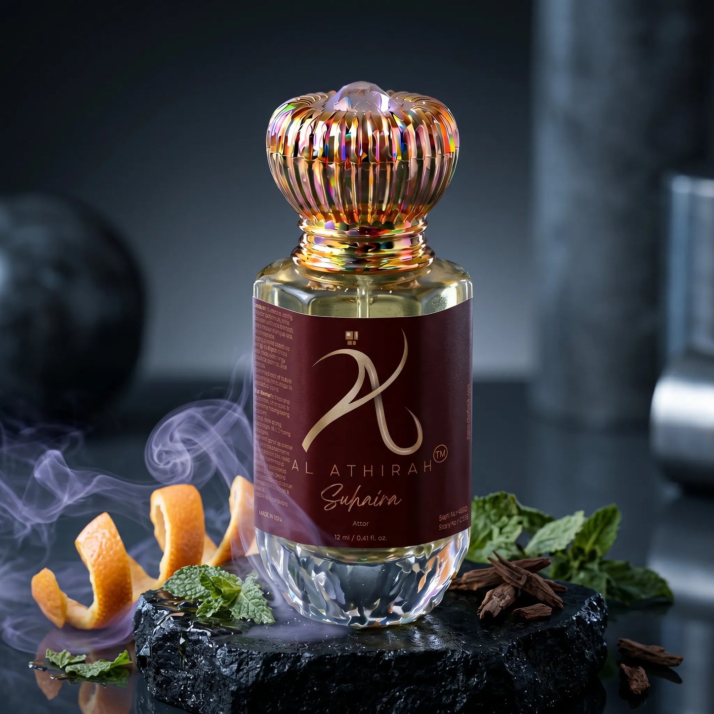 Luxury Suhaira Modern Attar for Men in 12ml bottle, non-alcoholic, featuring an elegant glass bottle with a sleek design.
