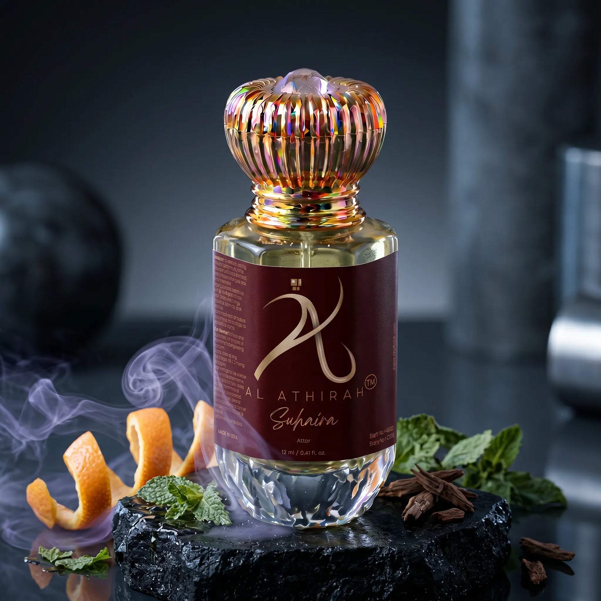 Luxury Suhaira Modern Attar for Men in 12ml bottle, non-alcoholic, featuring an elegant glass bottle with a sleek design.