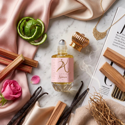 Luxury flat lay of Ishmira Modern Attar for Men and Women in a 12ml bottle, showcasing elegant packaging and design.