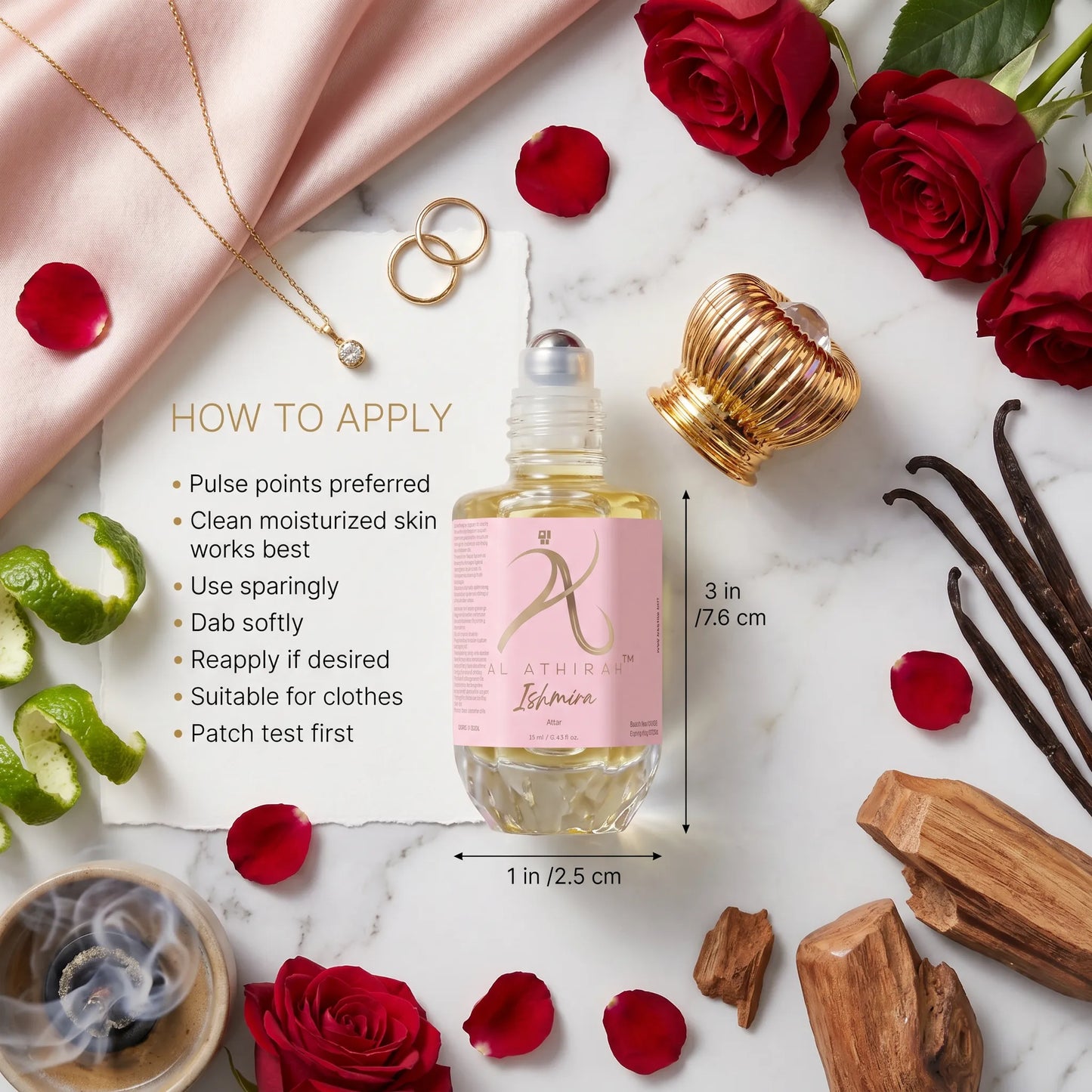 Luxury flat lay of Ishmira Modern Attar for Men & Women in a 12ml bottle, showcasing a sleek, elegant fragrance design.