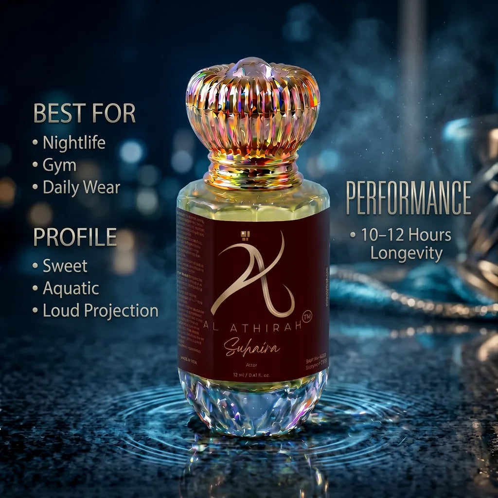 Modern Suhaira Attar for Men in 12ml bottle, showcasing luxurious, non-alcoholic fragrance with a sleek design.