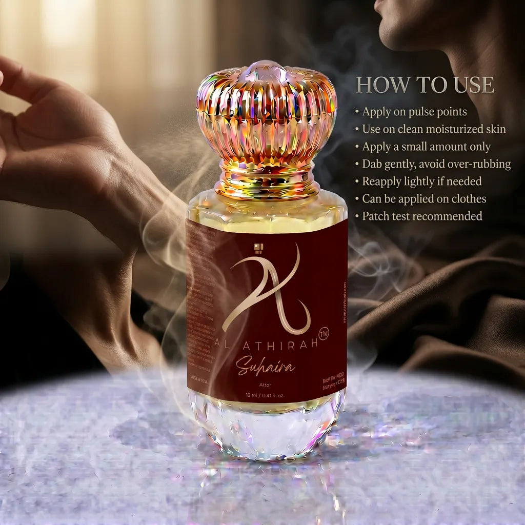 Luxurious Suhaira Modern Attar for Men by My Store, 12ml, featuring a sleek glass bottle with elegant packaging in a high-end fragrance campaign