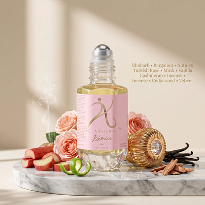 Ishmira Modern Attar for Men and Women in a 12ml bottle, non-alcoholic, with a sleek, elegant packaging design