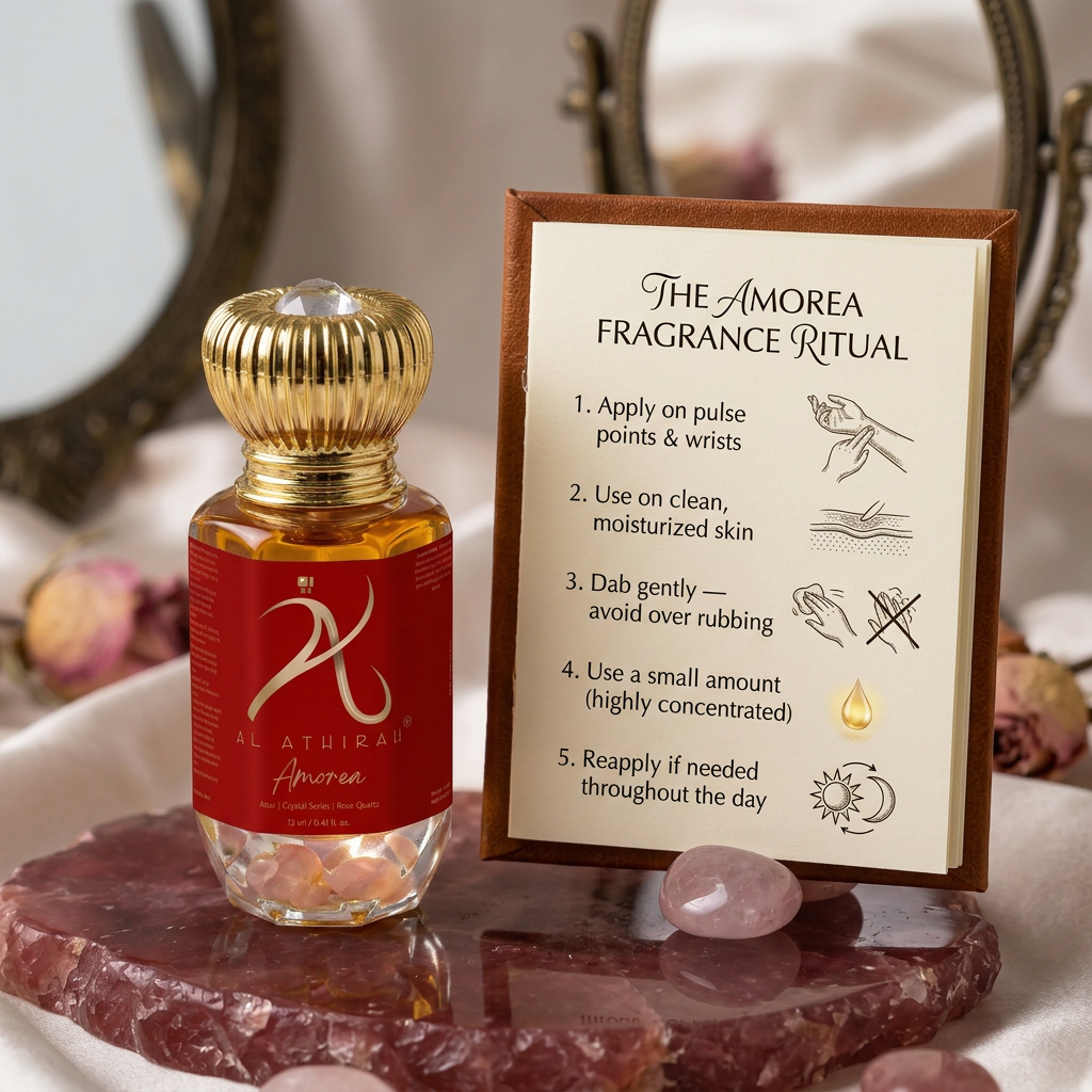 Amoria crystal-infused premium attar oil applied to pulse points, showcasing a luxurious fragrance in a glass bottle.