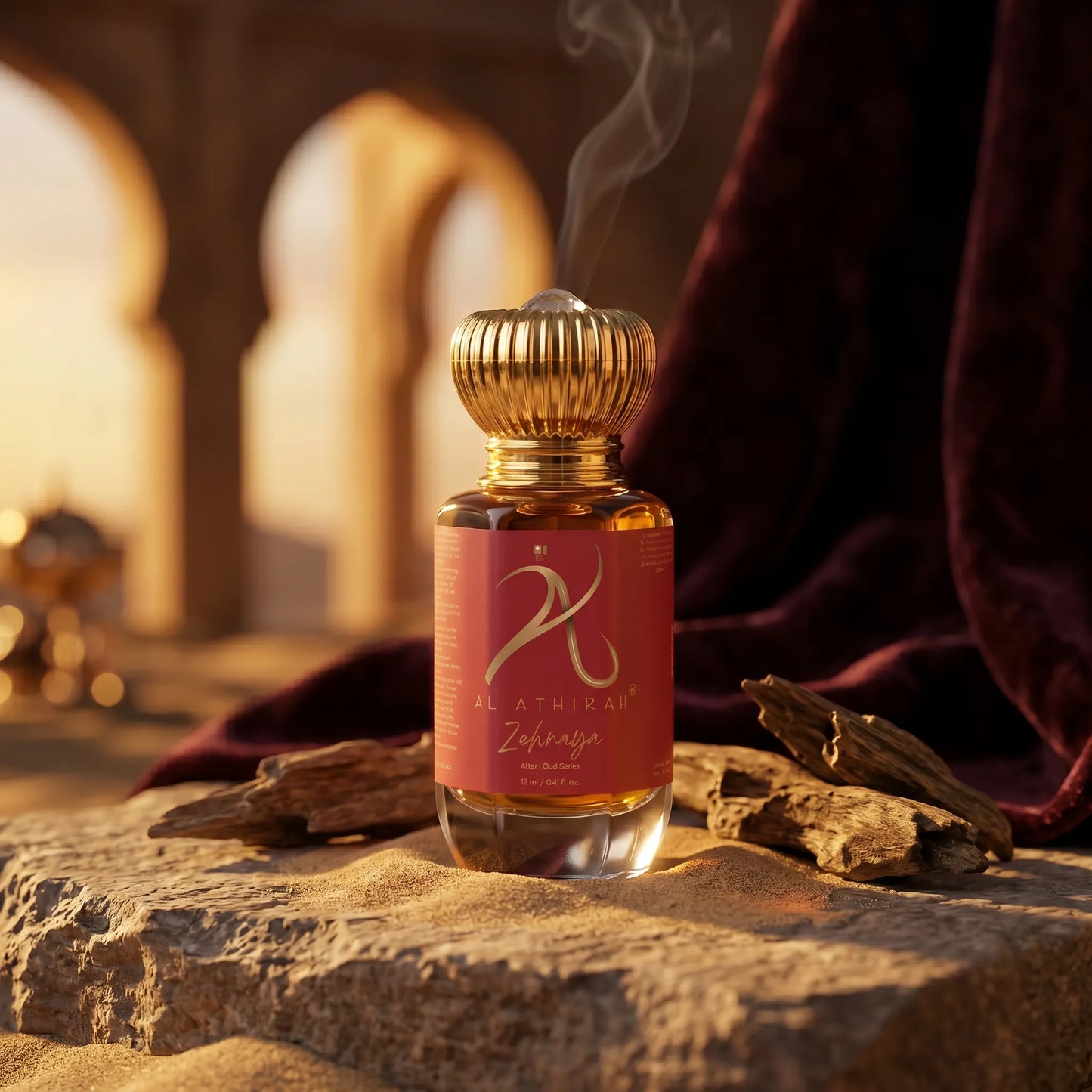 Modern Oud Attar for Women by Zehnaya, 12ml non-alcoholic perfume with luxurious, cinematic fragrance presentation.