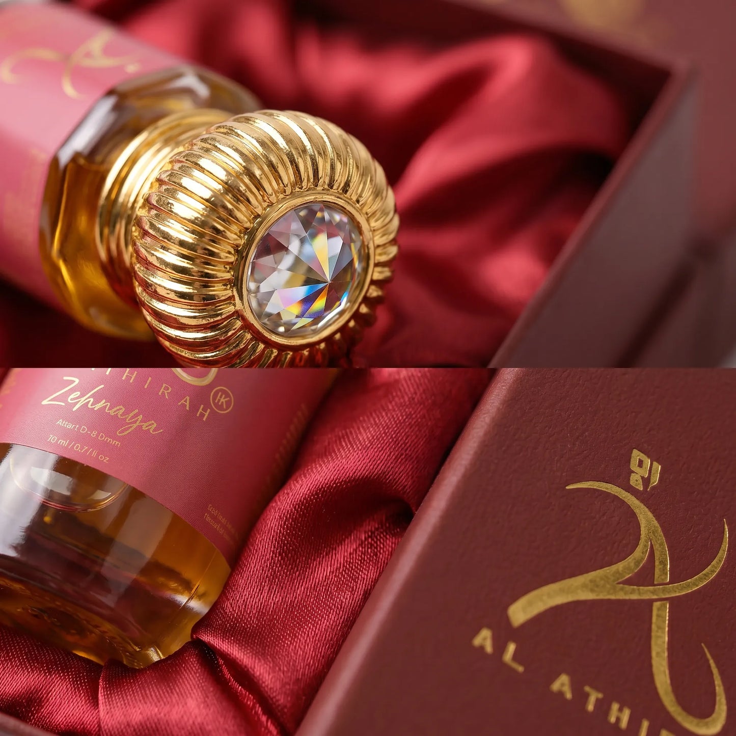 Close-up of Zehnaya Modern Oud Attar bottle for women, showcasing elegant design and clear labeling, on a neutral background