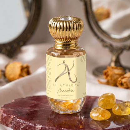 Anandria Crystal Infused Premium Attar bottle with intricate design, showcasing luxurious fragrance packaging.