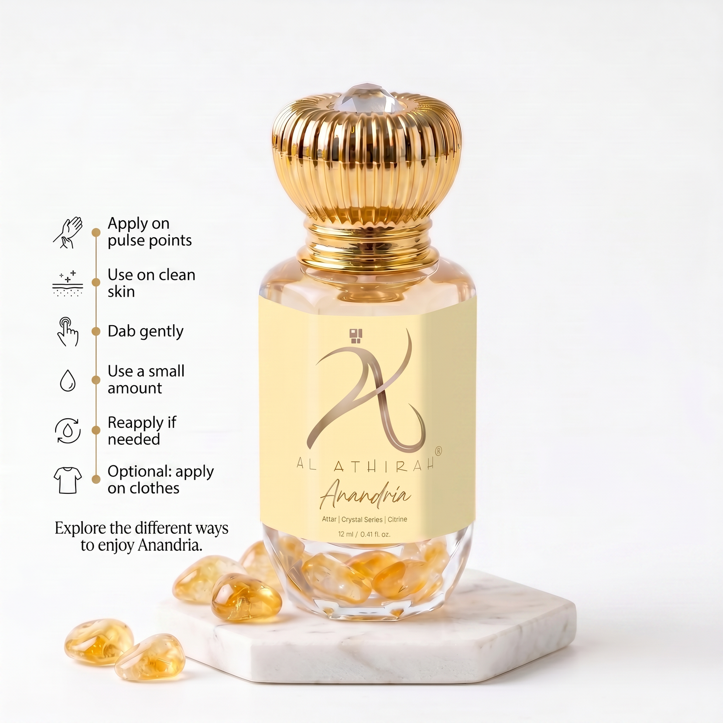 Anandria Crystal Infused Premium Attar bottle with intricate design, showcasing a luxurious fragrance product from My Store.