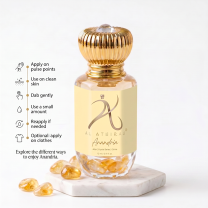 Anandria Crystal Infused Premium Attar bottle with intricate design, showcasing a luxurious fragrance product from My Store.
