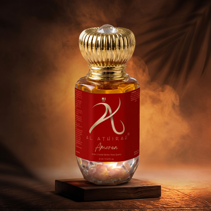 Amoria Crystal Infused Premium Attar bottle with intricate design, showcasing luxurious fragrance packaging and elegant branding.