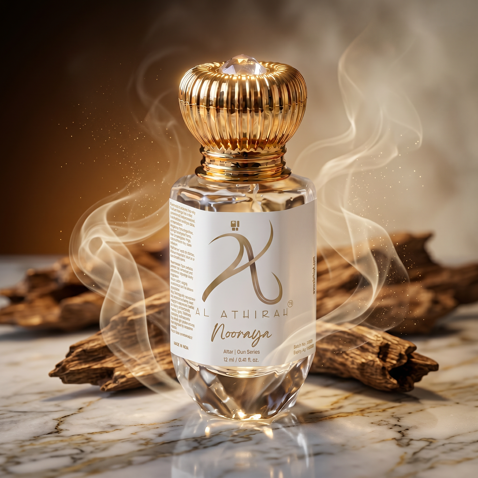 Nooraya Modern Oud Attar for Men & Women in 12ml bottle, luxury non-alcoholic fragrance with elegant packaging.