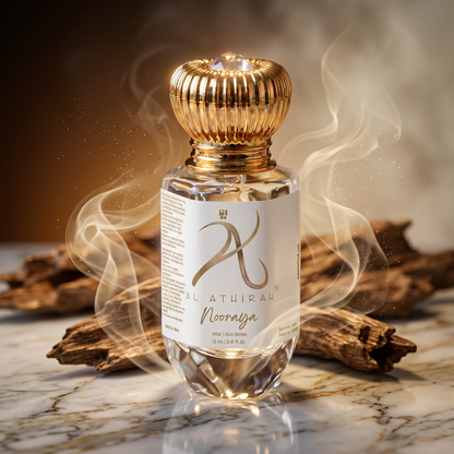 Nooraya Modern Oud Attar for Men & Women in 12ml bottle, luxury non-alcoholic fragrance with elegant packaging.