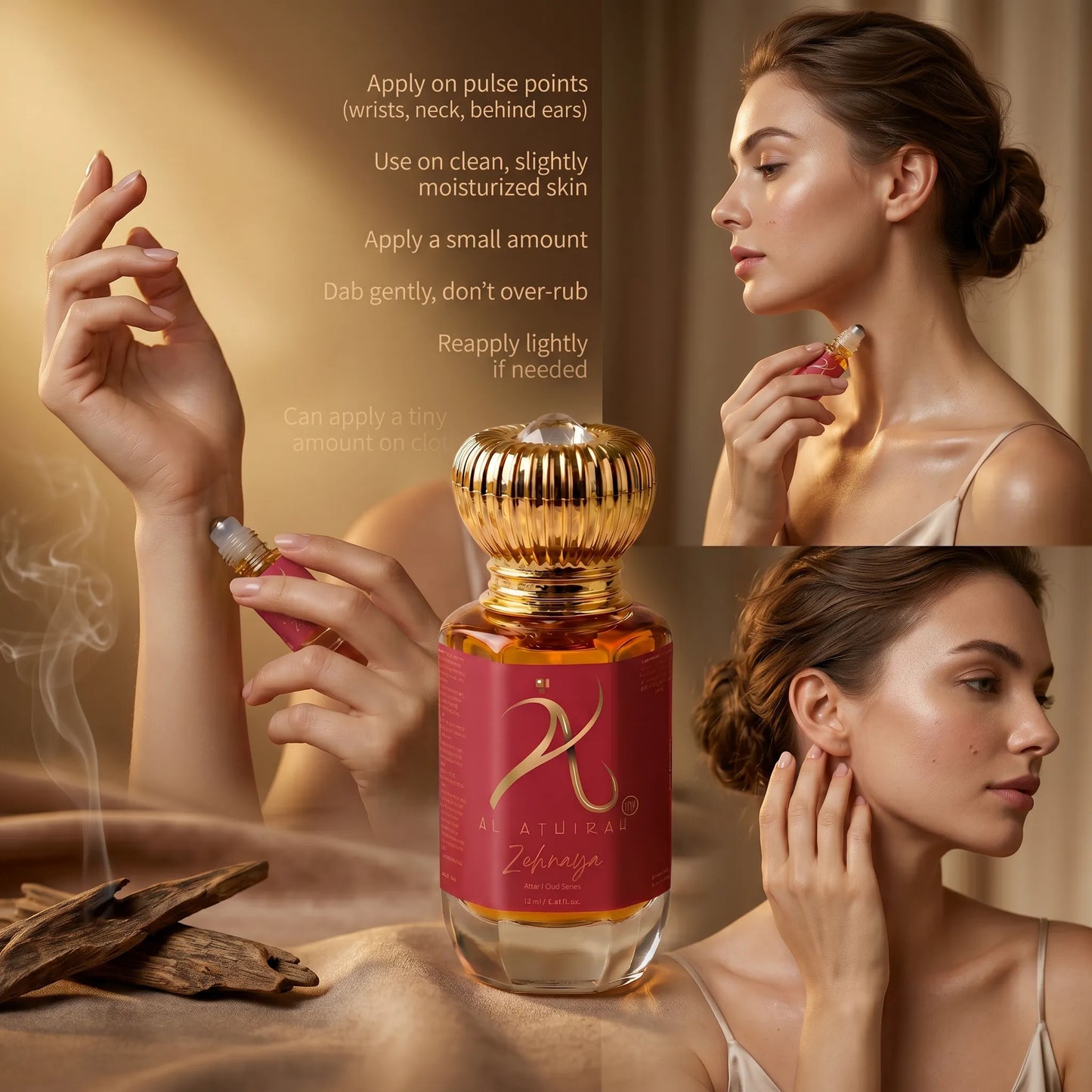 Modern Oud Attar for Women by Zehnaya in a 12ml bottle, showcasing a luxurious, magnified image of the fragrance container.