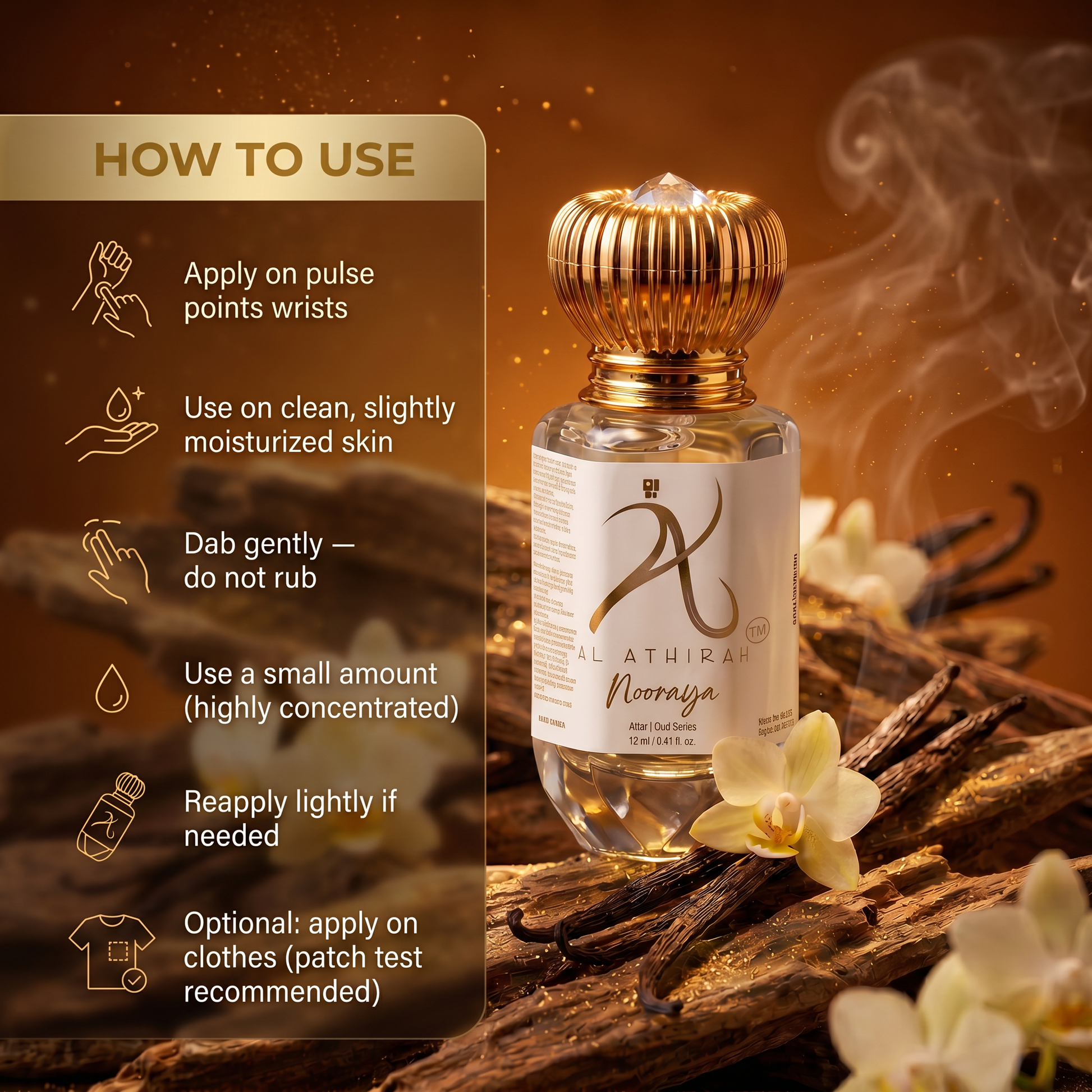 Luxurious Nooraya Modern Oud Attar for men and women in a 12ml bottle, showcasing elegant packaging and premium scent.