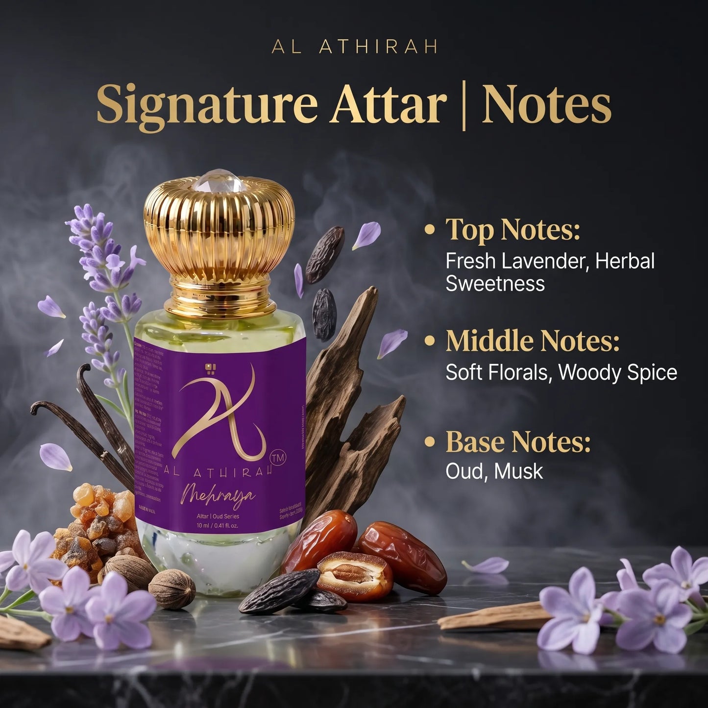 Mehraya Modern Oud Attar for Men & Women in a 12ml bottle, showcasing elegant packaging and rich oud fragrance notes.