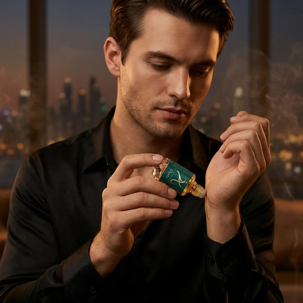 Elyndra modern attar for men and women in 12ml bottle, non-alcoholic fragrance with elegant packaging.